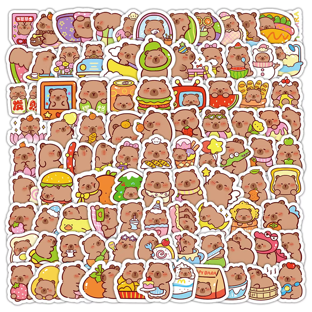 100Pcs Cute Capybara Stickers Aesthetic Scrapbook Decoration Kids Stationery Pack