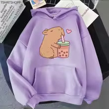 Kawaii Bubble Tea Capybara Hoodie Unisex Pullover Sweatshirt